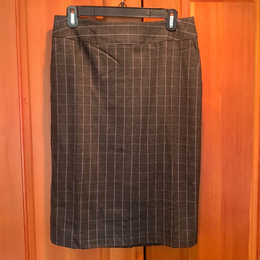 J McLaughlin Skirt Women Gray Charcoal Purple Pencil Plaid Wool Preppy Work
